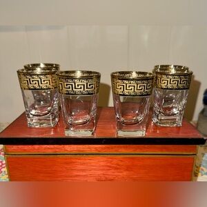1990s 6 Vintage Shot Glasses, 6.9 oz, Gold Greek Key Design, Square Heavy Base